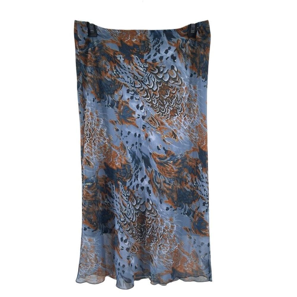 Unit USA Vintage Abstract Midi Skirt Blue Brown Pull-On Lined Elastic Waist L
